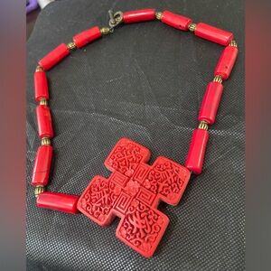 REAL RED CORAL Natural Gemstone Necklace with Intricately Carved Pendant
